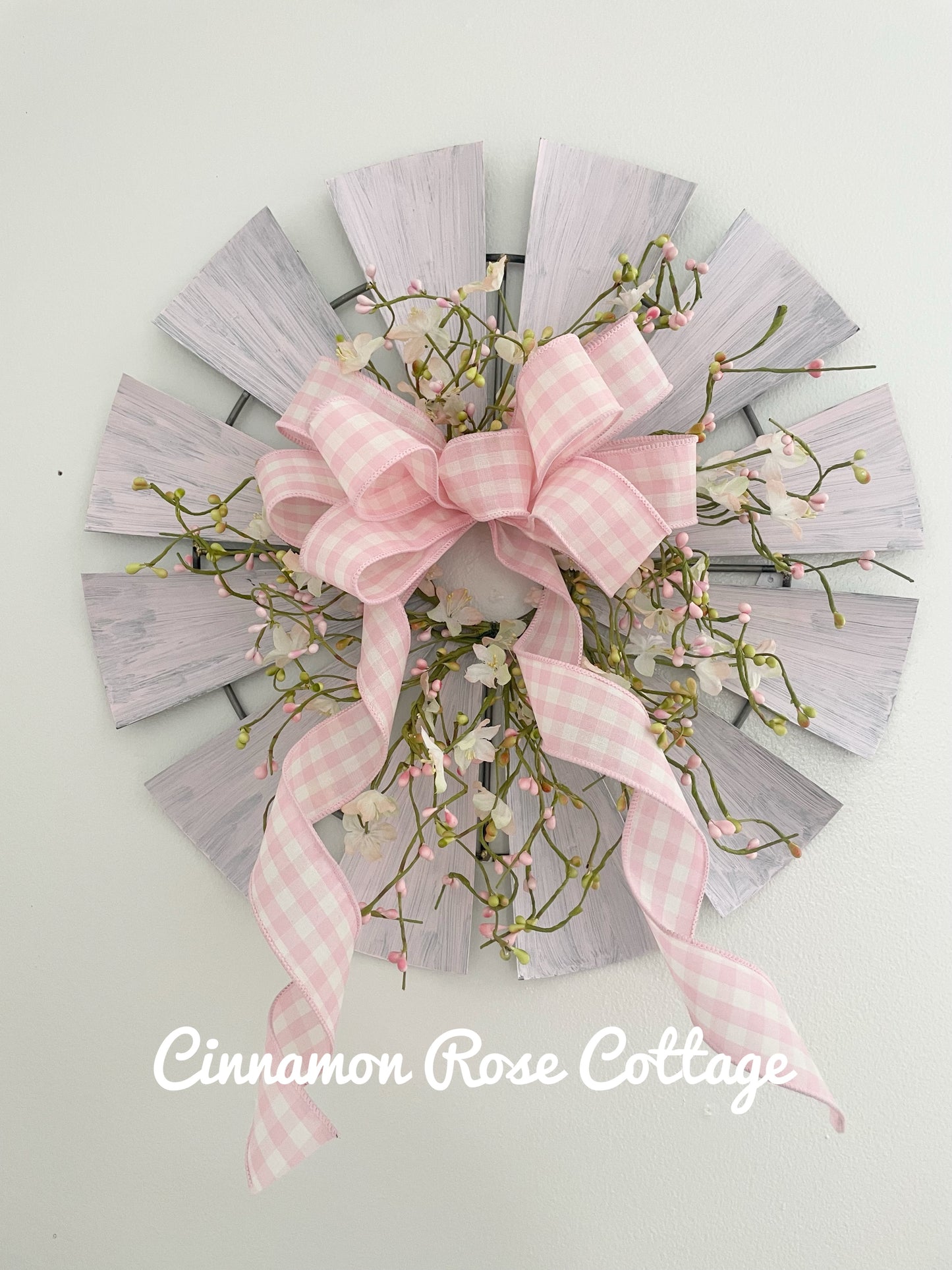 Pink Metal Windmill Wreath Pip Berries Gingham Bow 17" Farmhouse Easter Spring