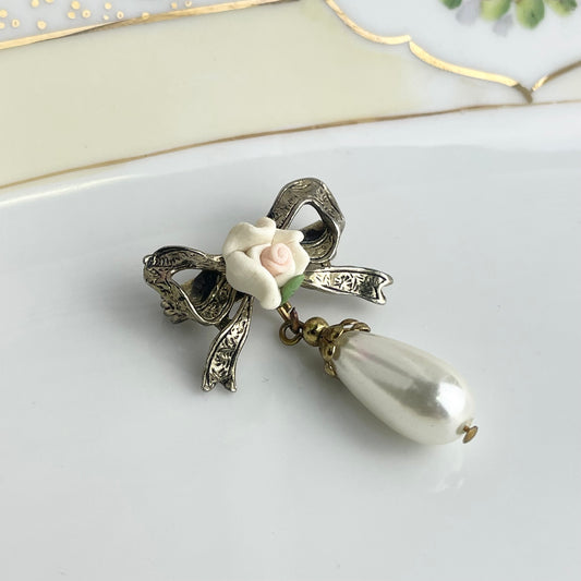Vintage 1928 Dainty Etched Bow With Porcelain Rose Faux Pearl Dangle Brooch Pin
