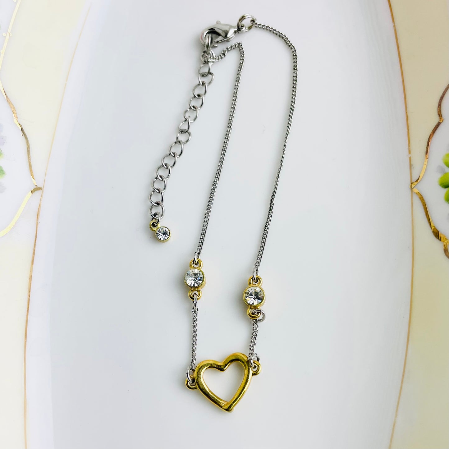 Vintage Gold And Silver Tone Heart Anklet With Clear Stones