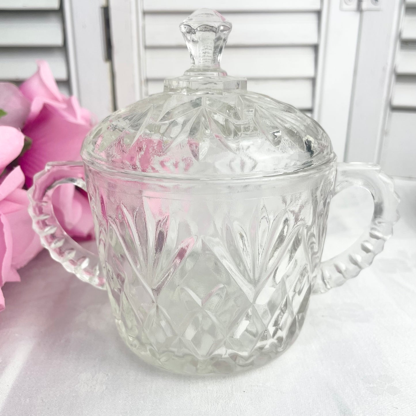 Vintage Anchor Hocking EAPG Prescut Clear Glass Pineapple Lidded Sugar Bowl With Handles