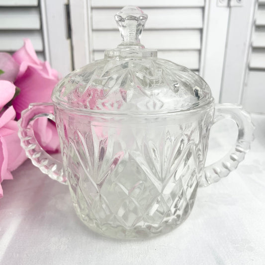 Vintage Anchor Hocking EAPG Prescut Clear Glass Pineapple Lidded Sugar Bowl With Handles