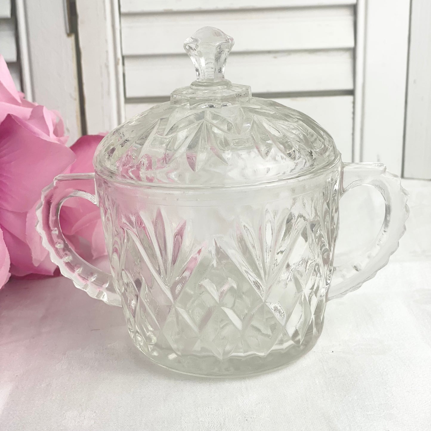 Vintage Anchor Hocking EAPG Prescut Clear Glass Pineapple Lidded Sugar Bowl With Handles