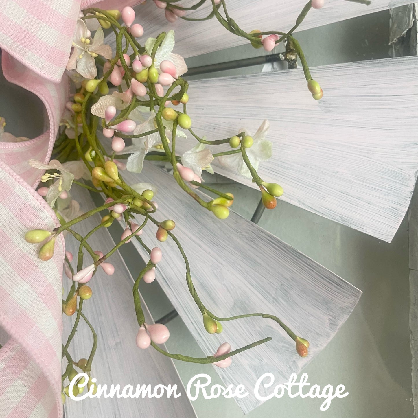 Pink Metal Windmill Wreath Pip Berries Gingham Bow 17" Farmhouse Easter Spring