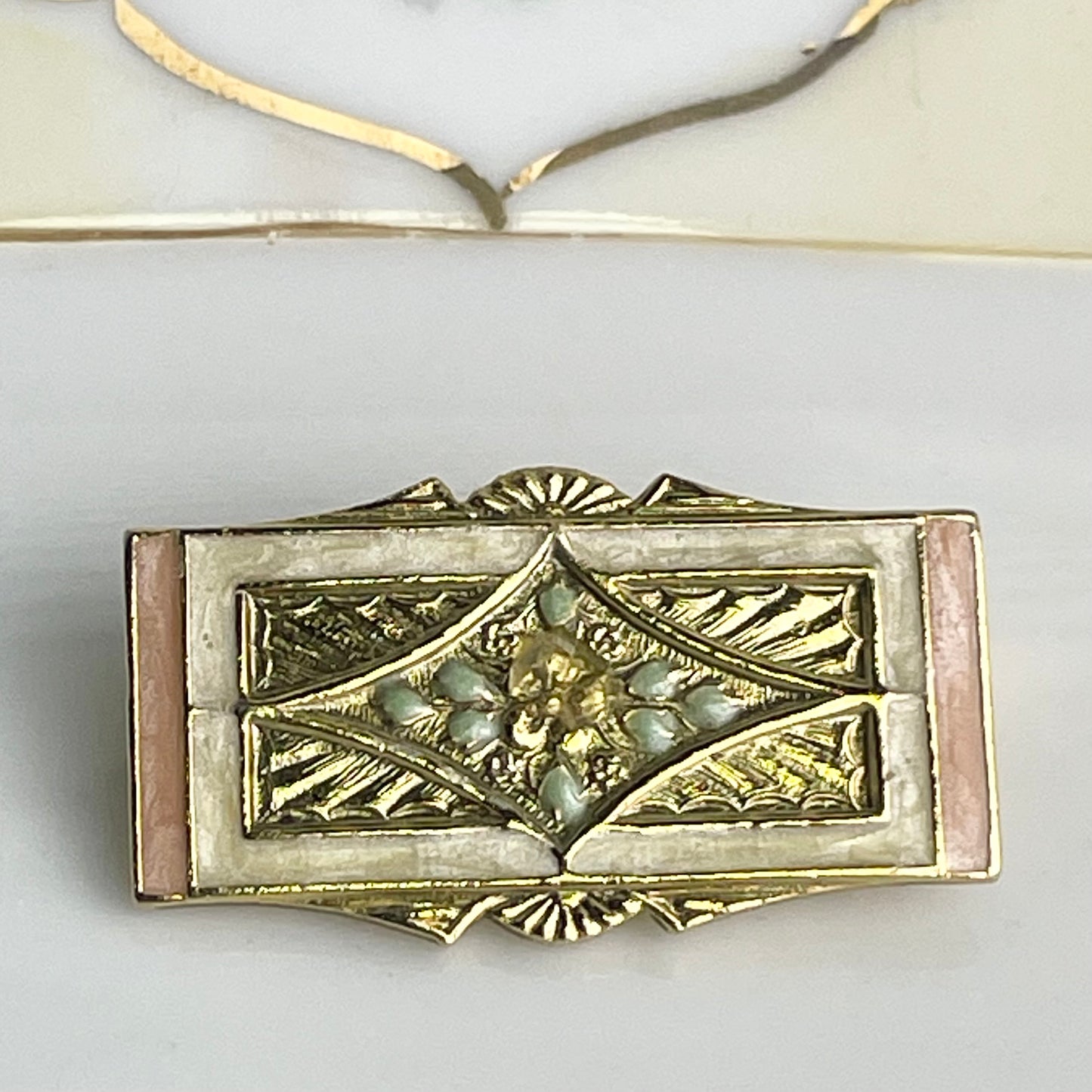 Vintage Gold Tone Enameled Brooch Dainty Elegant