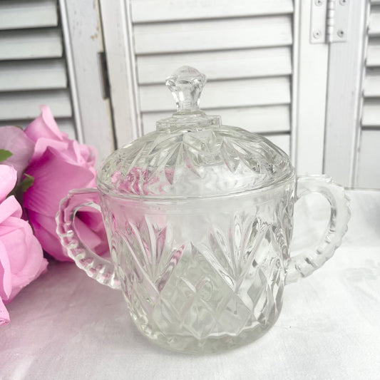 Vintage Anchor Hocking EAPG Prescut Clear Glass Pineapple Lidded Sugar Bowl With Handles