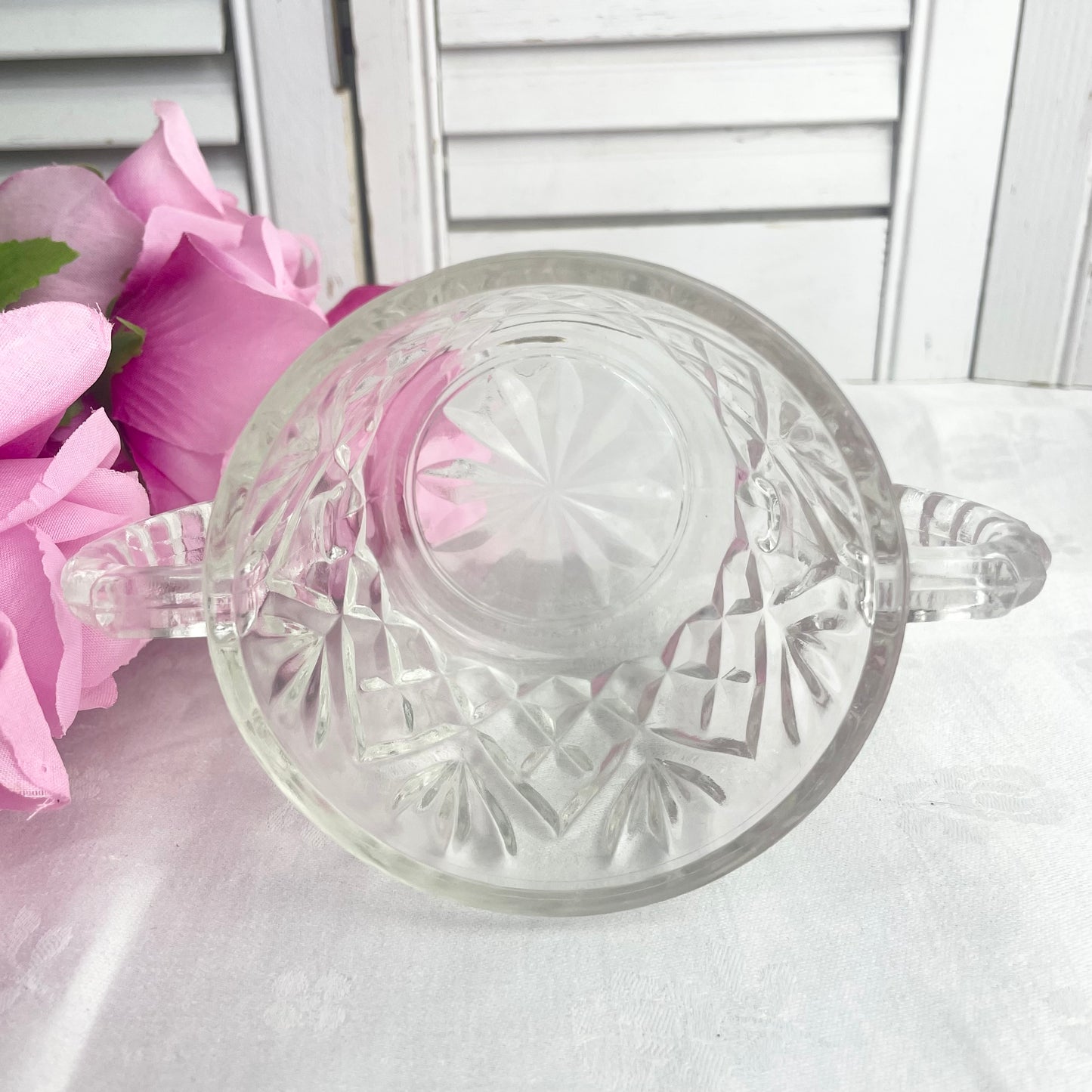 Vintage Anchor Hocking EAPG Prescut Clear Glass Pineapple Lidded Sugar Bowl With Handles