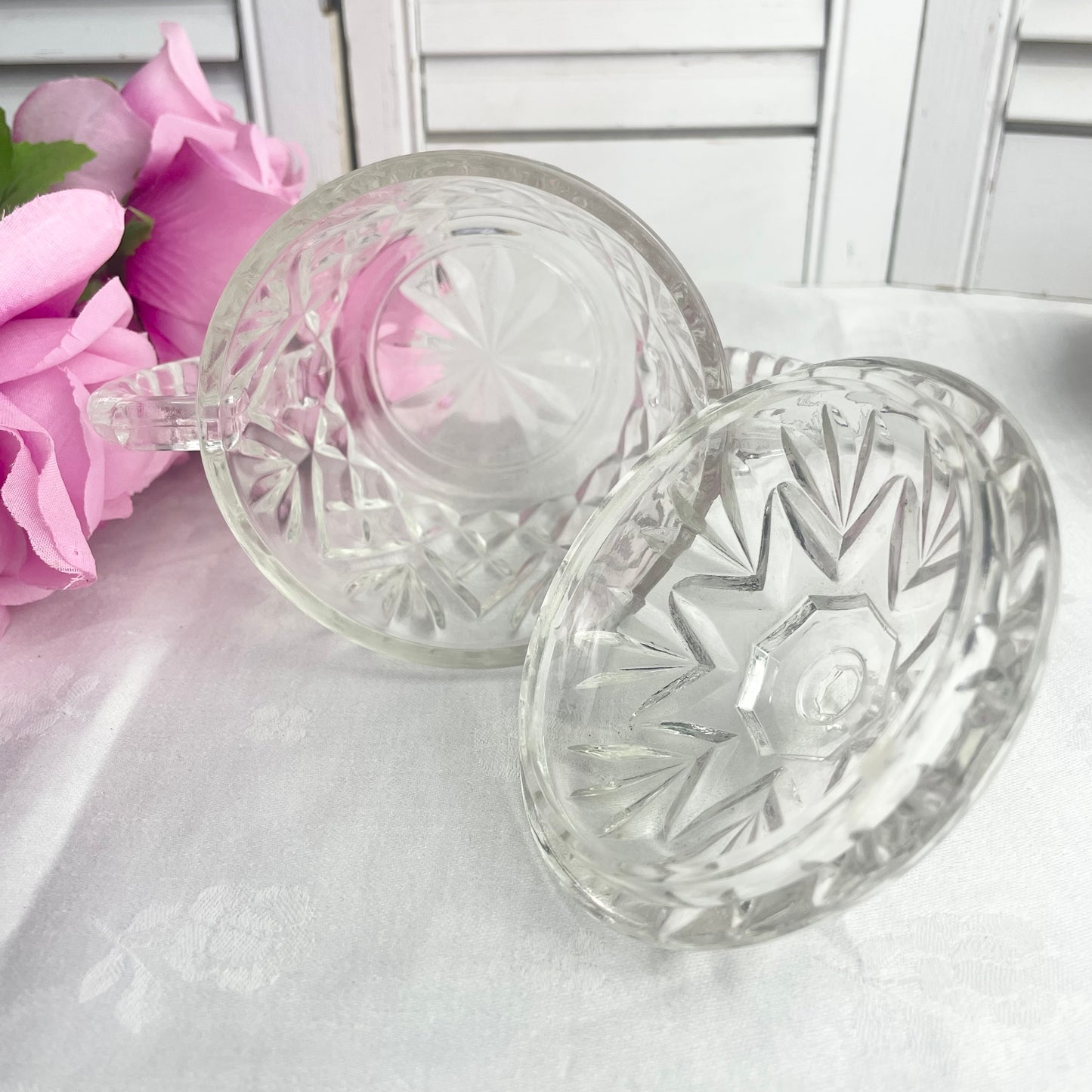 Vintage Anchor Hocking EAPG Prescut Clear Glass Pineapple Lidded Sugar Bowl With Handles