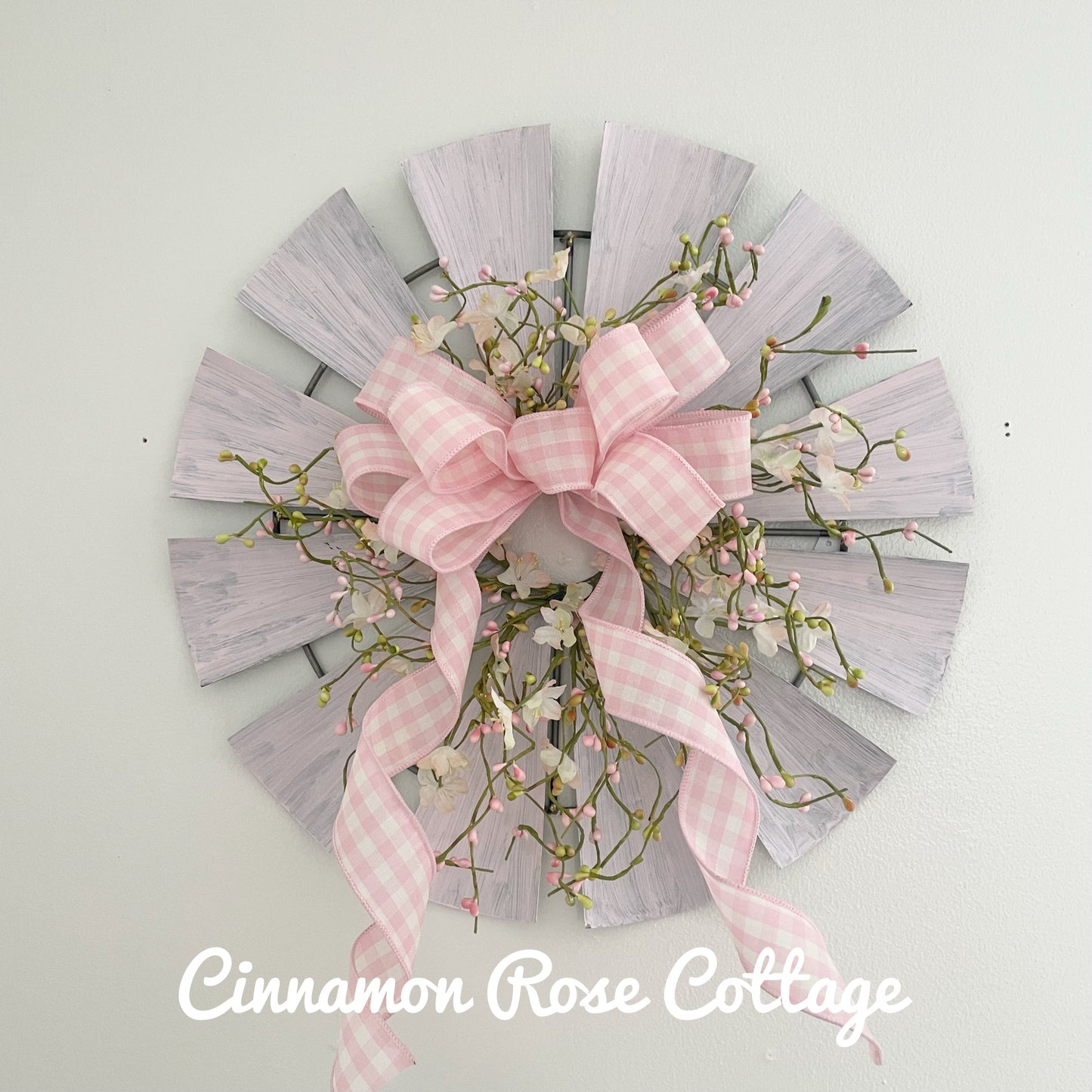 Pink Metal Windmill Wreath Pip Berries Gingham Bow 17" Farmhouse Easter Spring