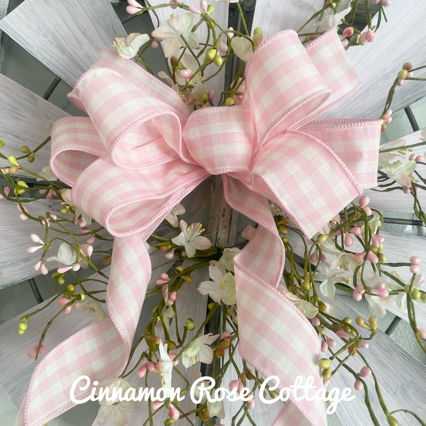 Pink Metal Windmill Wreath Pip Berries Gingham Bow 17" Farmhouse Easter Spring