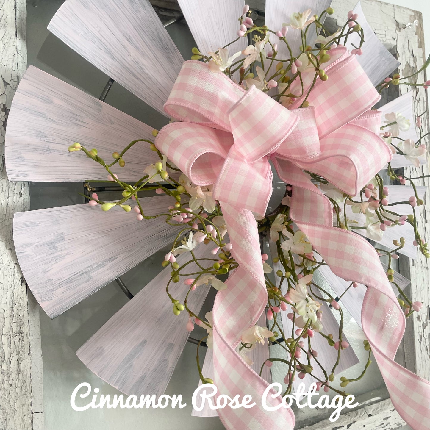 Pink Metal Windmill Wreath Pip Berries Gingham Bow 17" Farmhouse Easter Spring