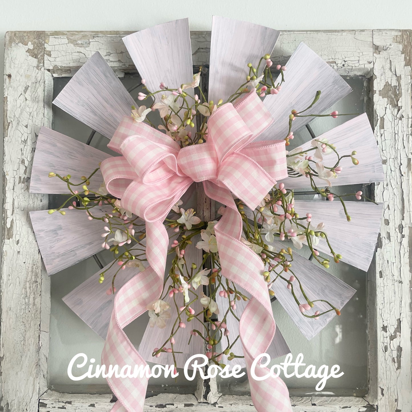 Pink Metal Windmill Wreath Pip Berries Gingham Bow 17" Farmhouse Easter Spring