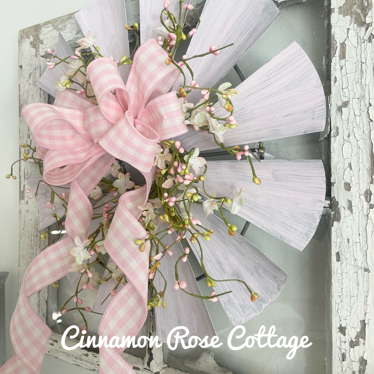 Pink Metal Windmill Wreath Pip Berries Gingham Bow 17" Farmhouse Easter Spring