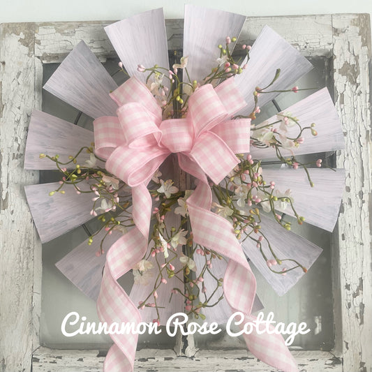 Pink Metal Windmill Wreath Pip Berries Gingham Bow 17" Farmhouse Easter Spring