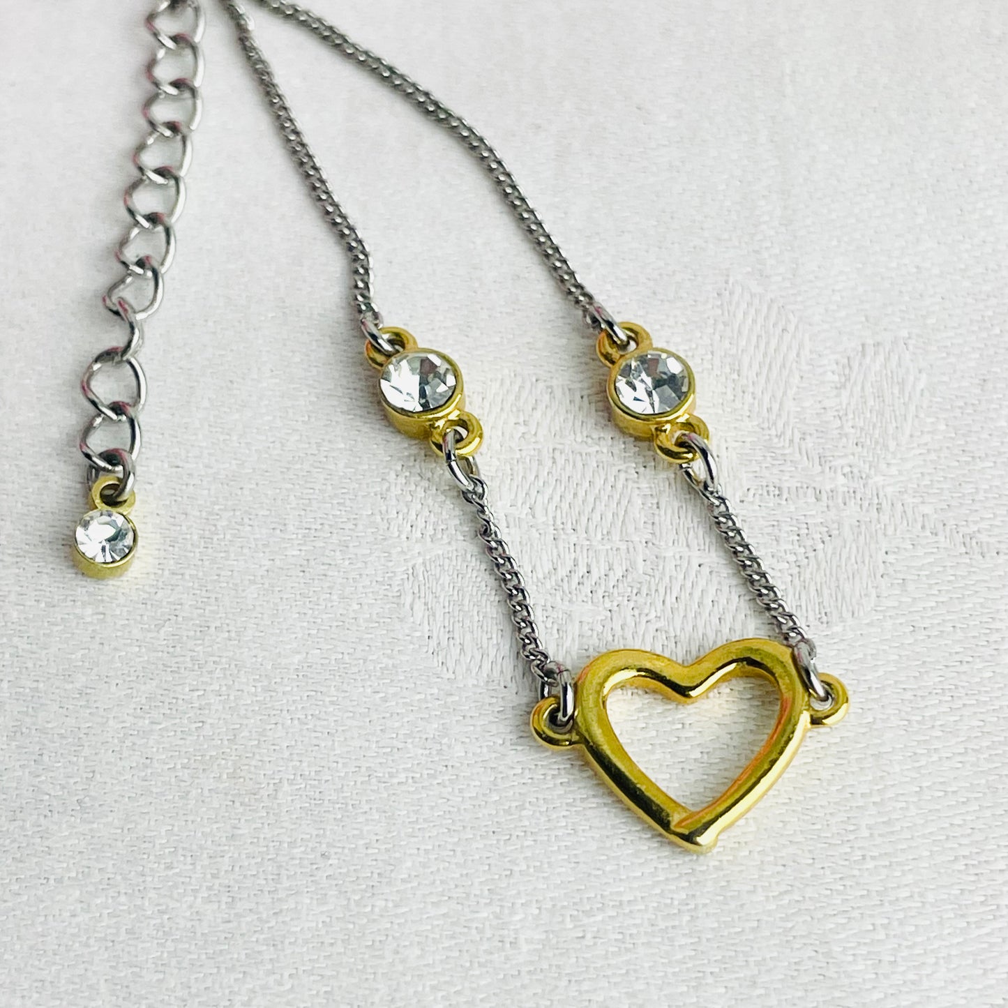 Vintage Gold And Silver Tone Heart Anklet With Clear Stones