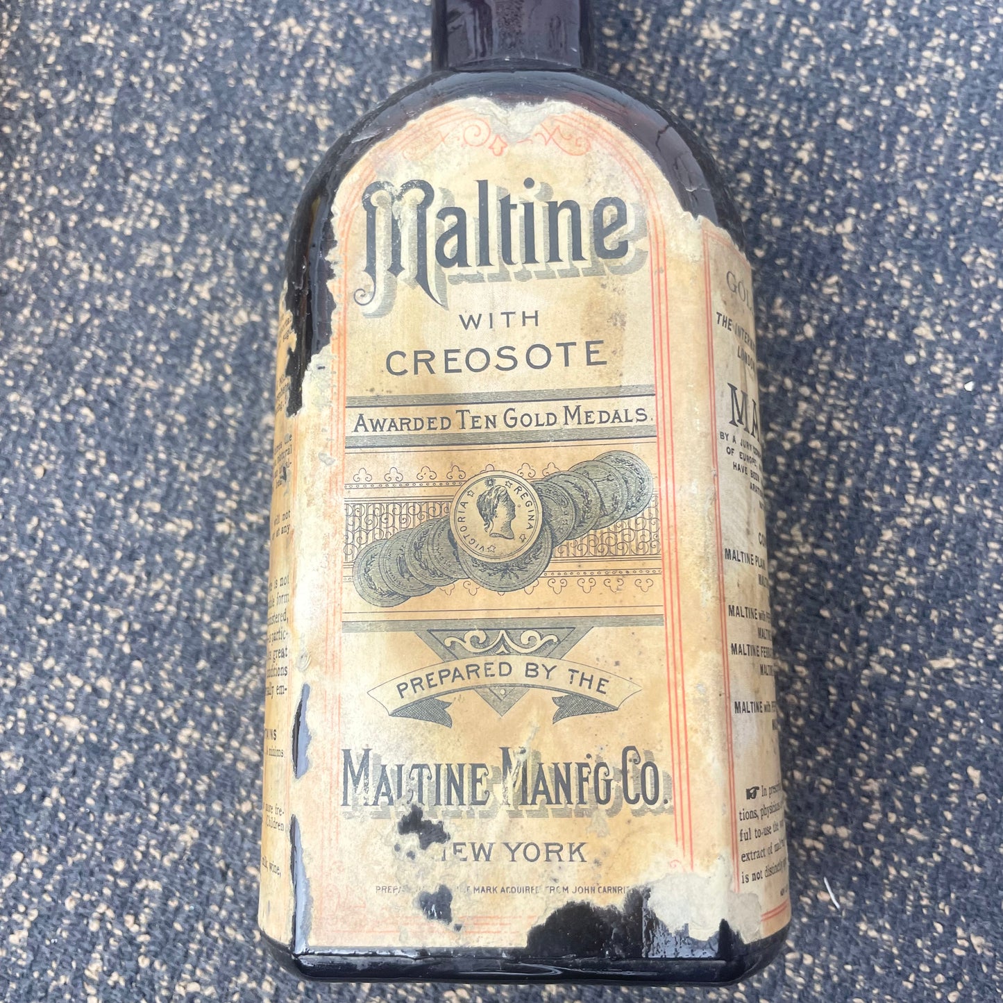 Antique Maltine Mfg. Co. Chemists Brown Amber Bottle With Label Creosote 7.5in