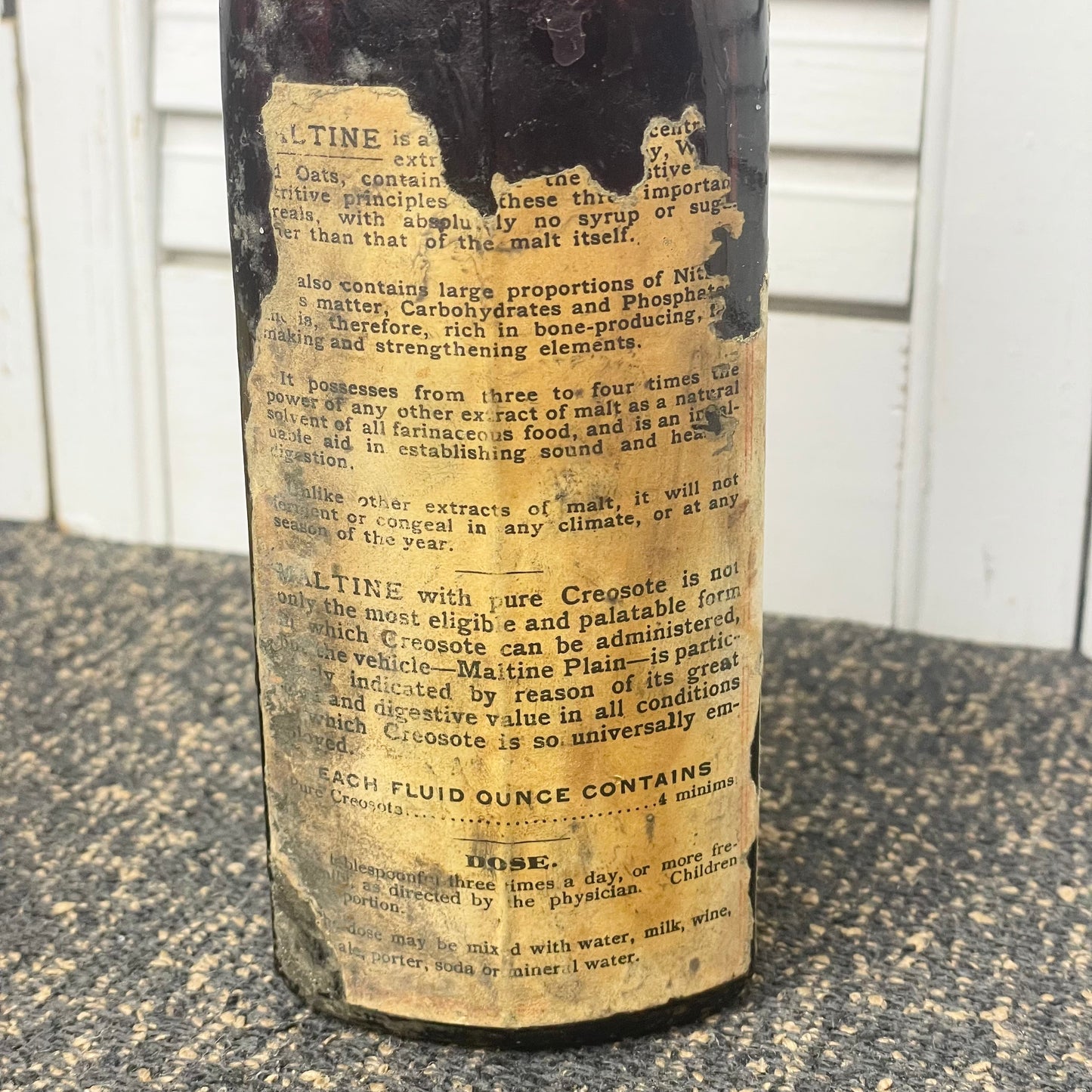 Antique Maltine Mfg. Co. Chemists Brown Amber Bottle With Label Creosote 7.5in