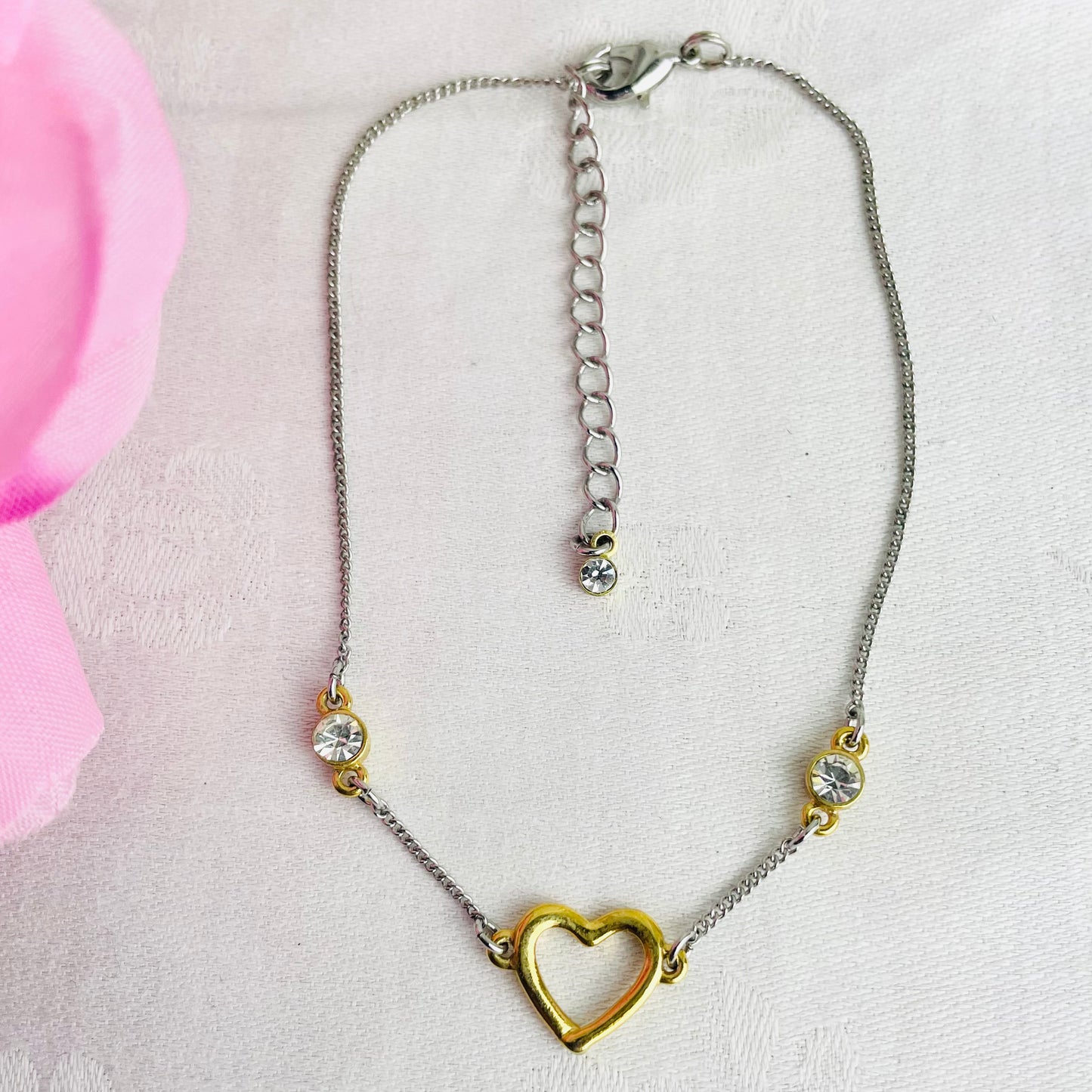 Vintage Gold And Silver Tone Heart Anklet With Clear Stones