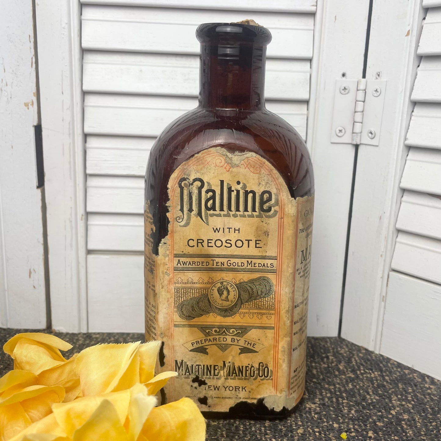 Antique Maltine Mfg. Co. Chemists Brown Amber Bottle With Label Creosote 7.5in