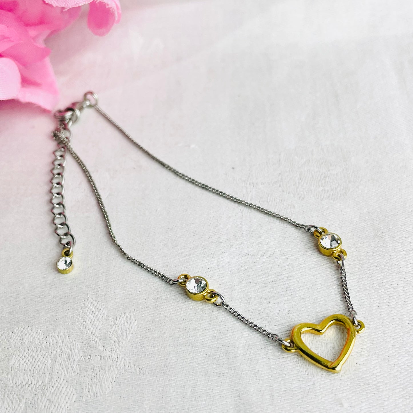 Vintage Gold And Silver Tone Heart Anklet With Clear Stones