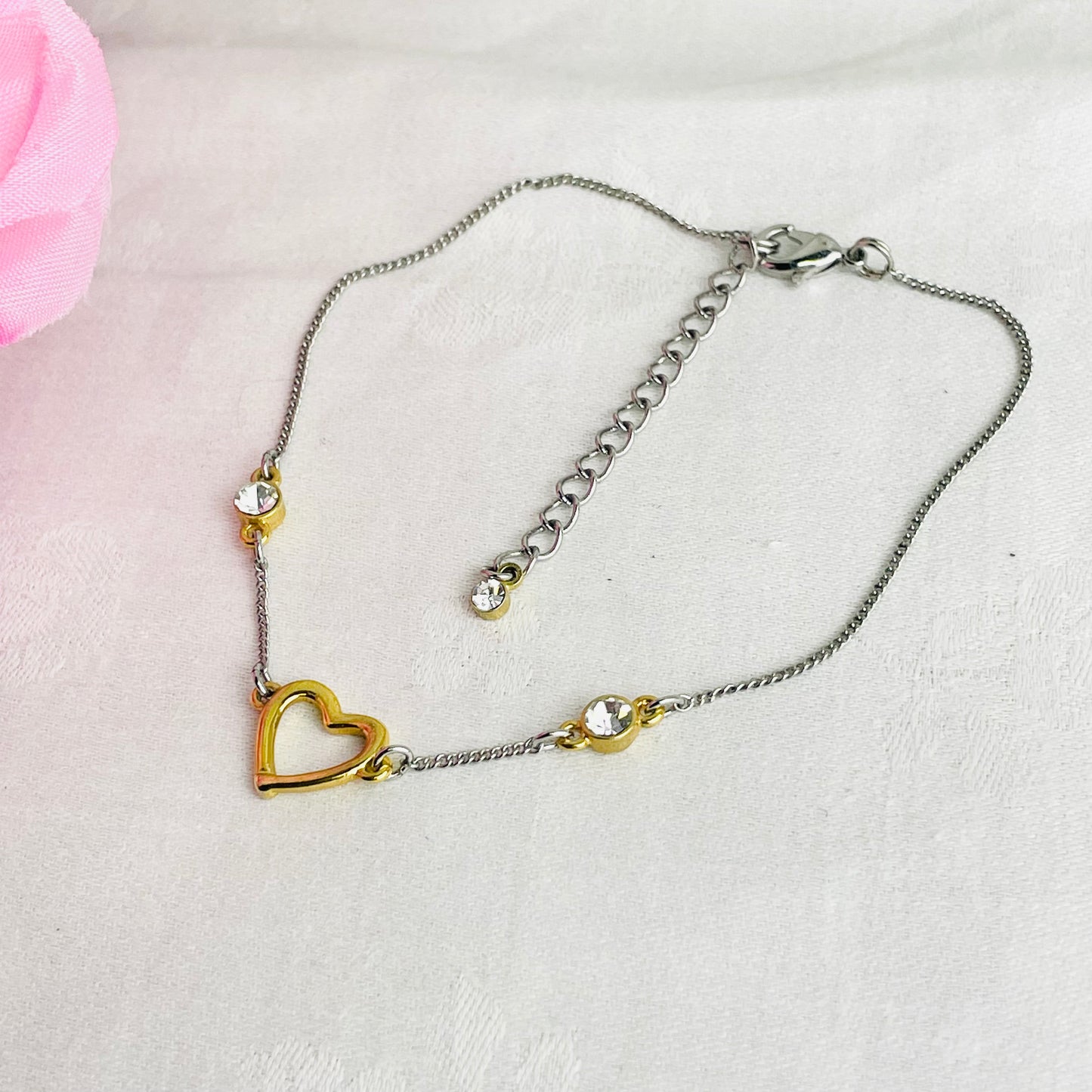 Vintage Gold And Silver Tone Heart Anklet With Clear Stones