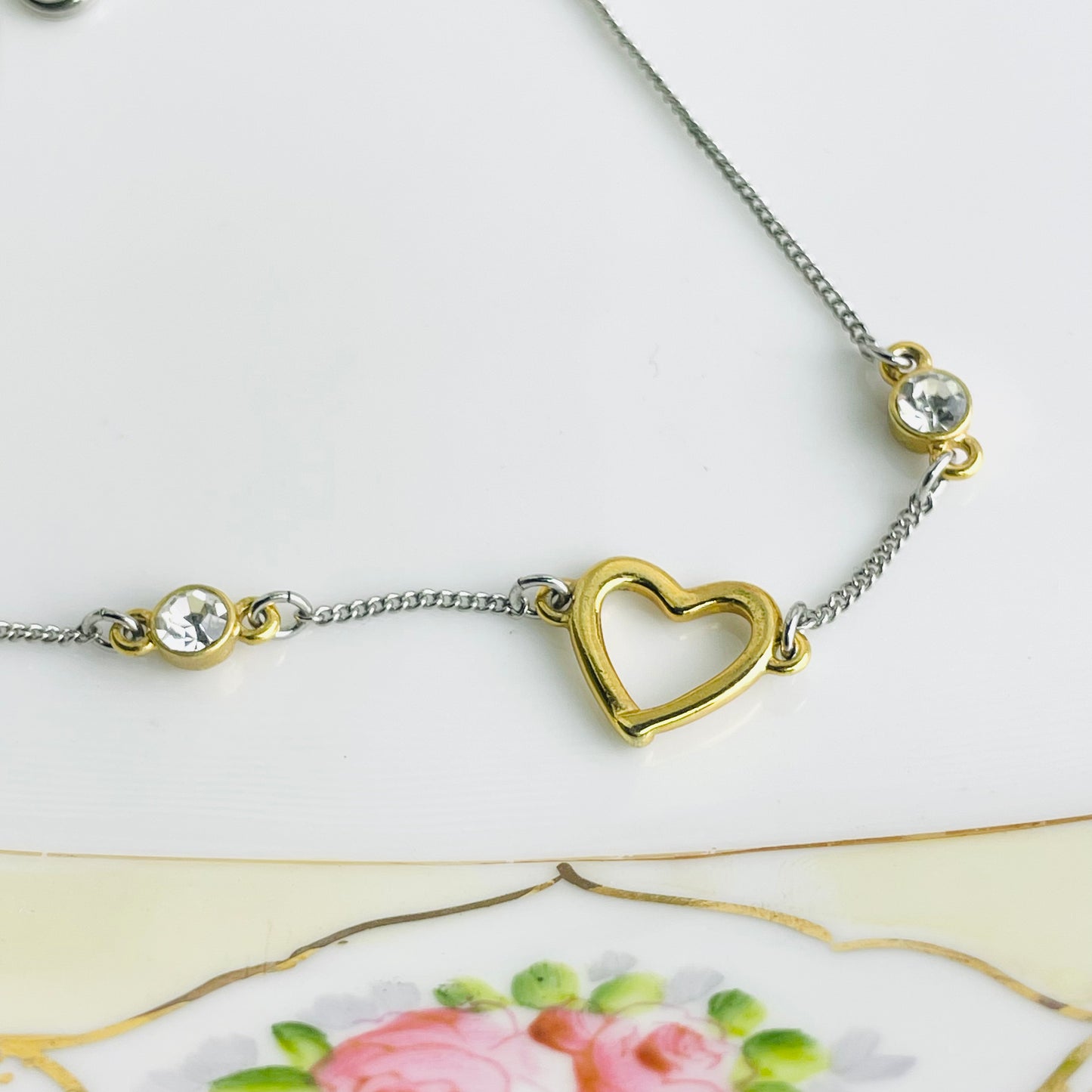 Vintage Gold And Silver Tone Heart Anklet With Clear Stones