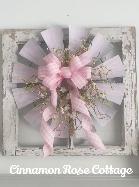 Pink Metal Windmill Wreath Pip Berries Gingham Bow 17" Farmhouse Easter Spring
